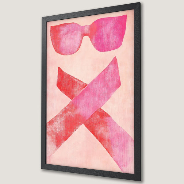 Framed Poster featuring abstract sunglasses & ribbons in a vibrant pink & red color palette. Modern art perfect for any space!