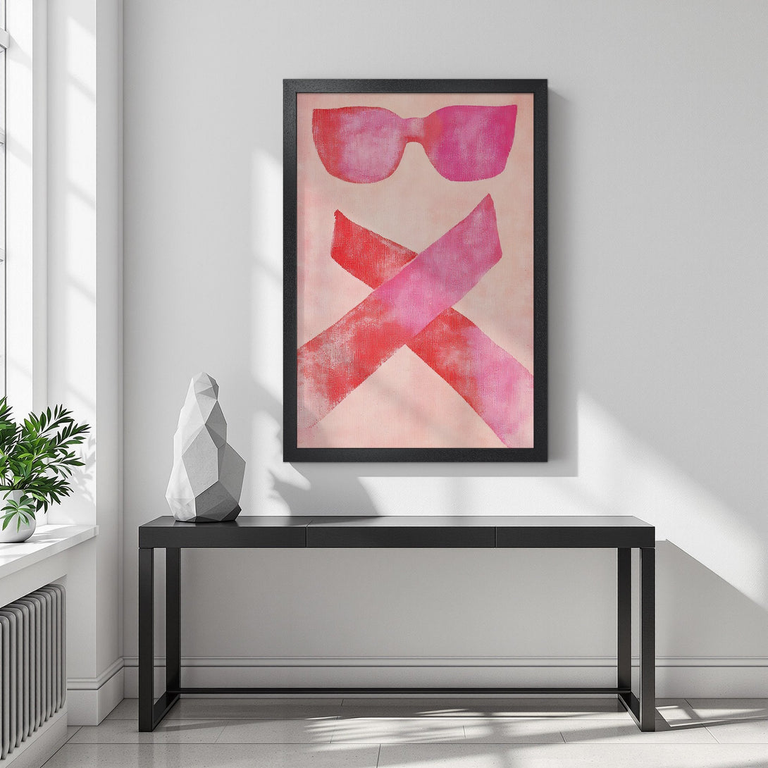 Framed Poster featuring abstract sunglasses & ribbons in pink and red hues. Modern art print for stylish home decor.