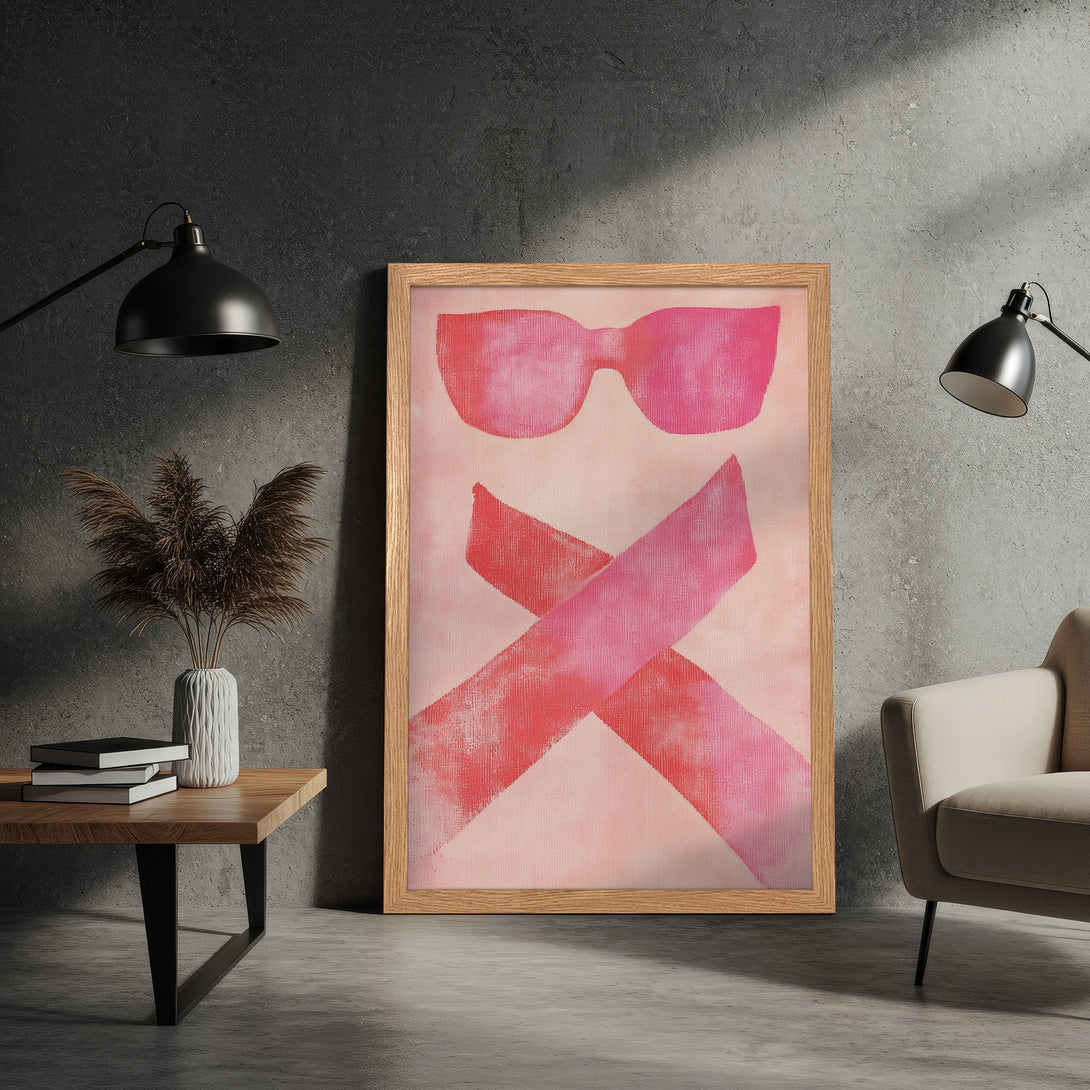 Framed Poster featuring abstract sunglasses and ribbon design in pink and red hues. Modern art print for stylish wall decor.