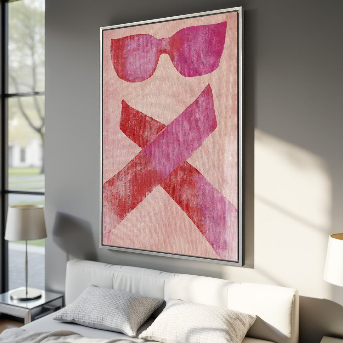 Framed Wall Art featuring abstract sunglasses and cross design in pink and red hues. Modern canvas print for stylish home decor.