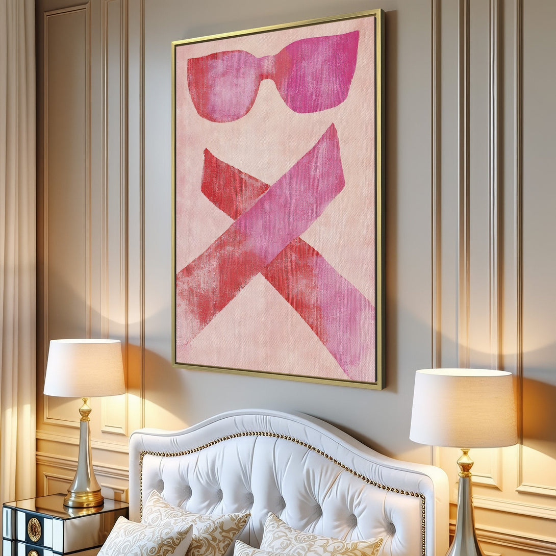 Abstract Canvas Print in pink and red, perfect for modern decor. Features a stylish interior with a sofa and plant.