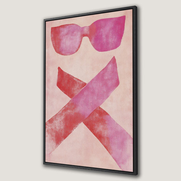Framed Wall Art featuring abstract sunglasses and ribbons in pink and red hues. Modern canvas print for stylish home decor.