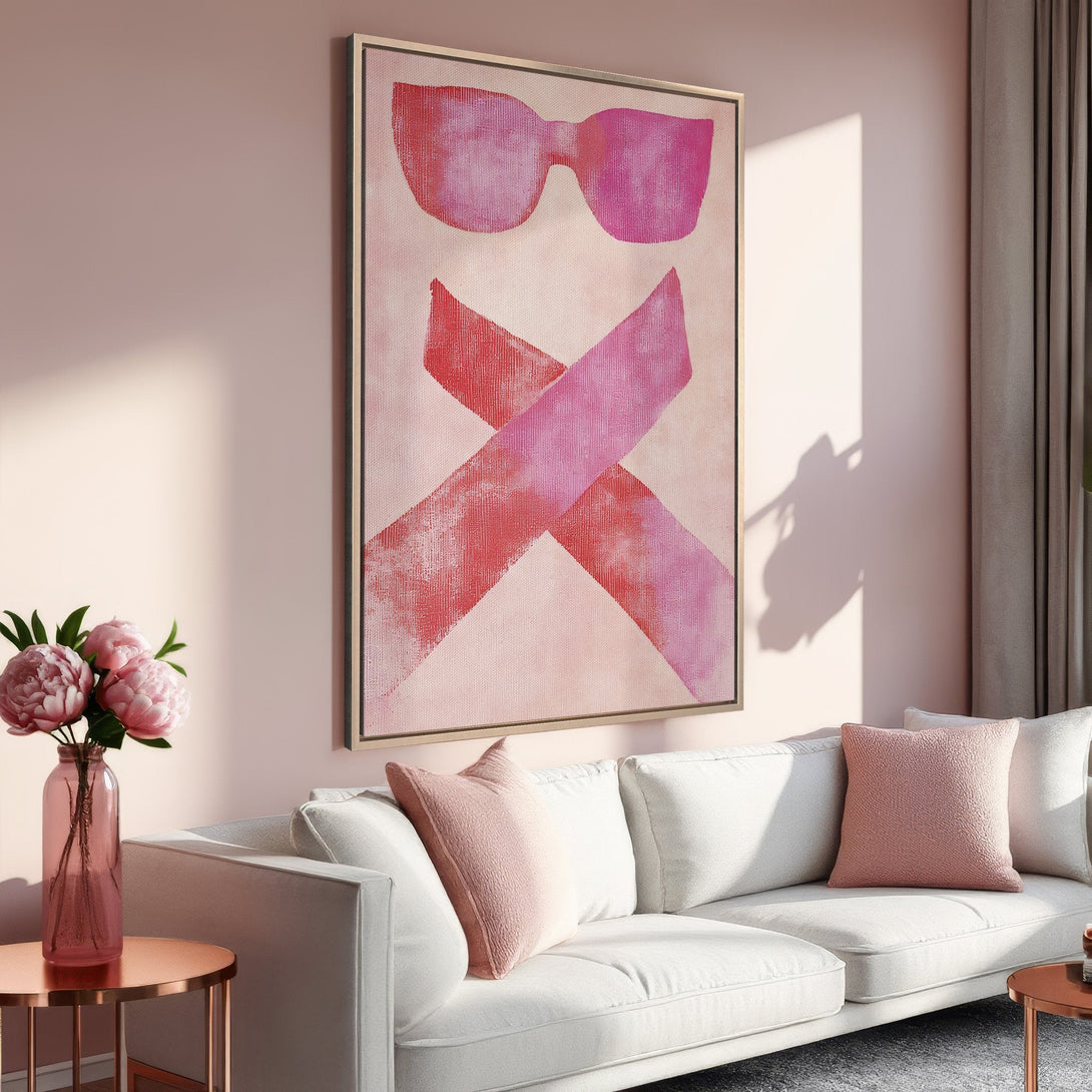 Framed Wall Art: Abstract pink and red sunglasses art print. Modern, minimalist style with a blush and rose color palette. Perfect for home decor.