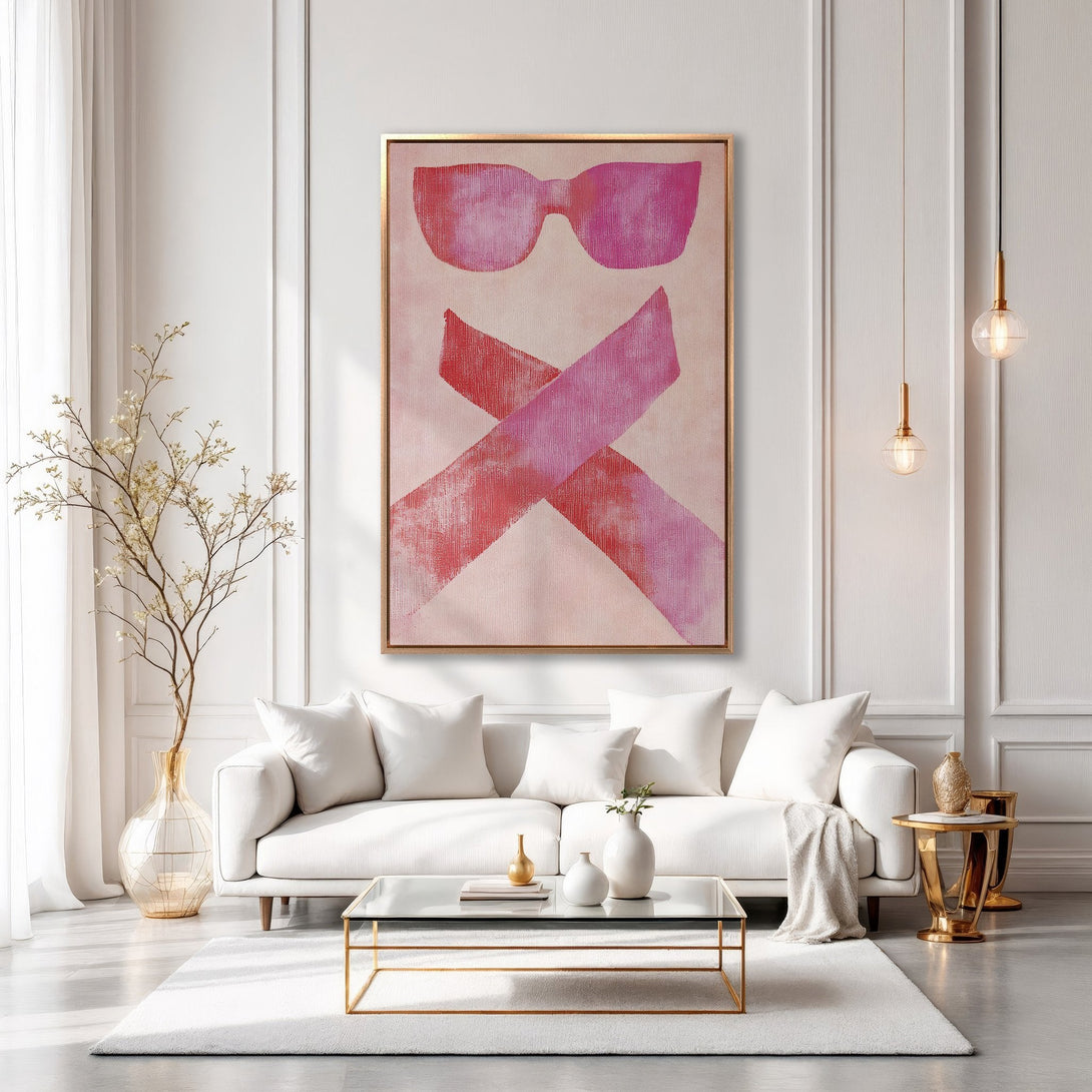 Framed Wall Art: Abstract pink sunglasses and ribbon art, modern style, displayed in a luxurious living room. Perfect for a stylish home decor upgrade.