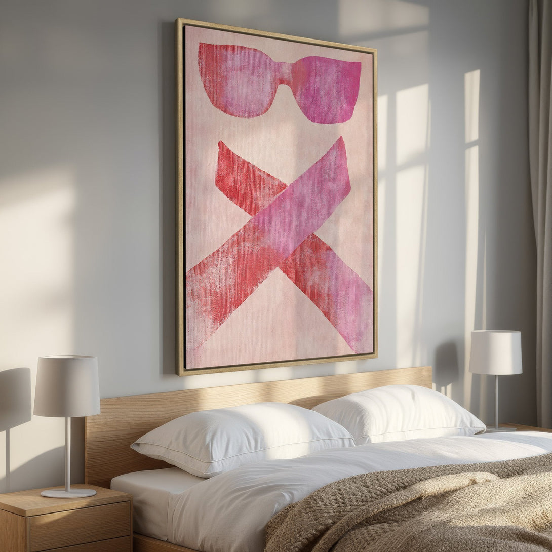 Framed Wall Art: Abstract pink sunglasses & ribbon art. Modern canvas print in a bedroom. Perfect pop of color for your home decor!
