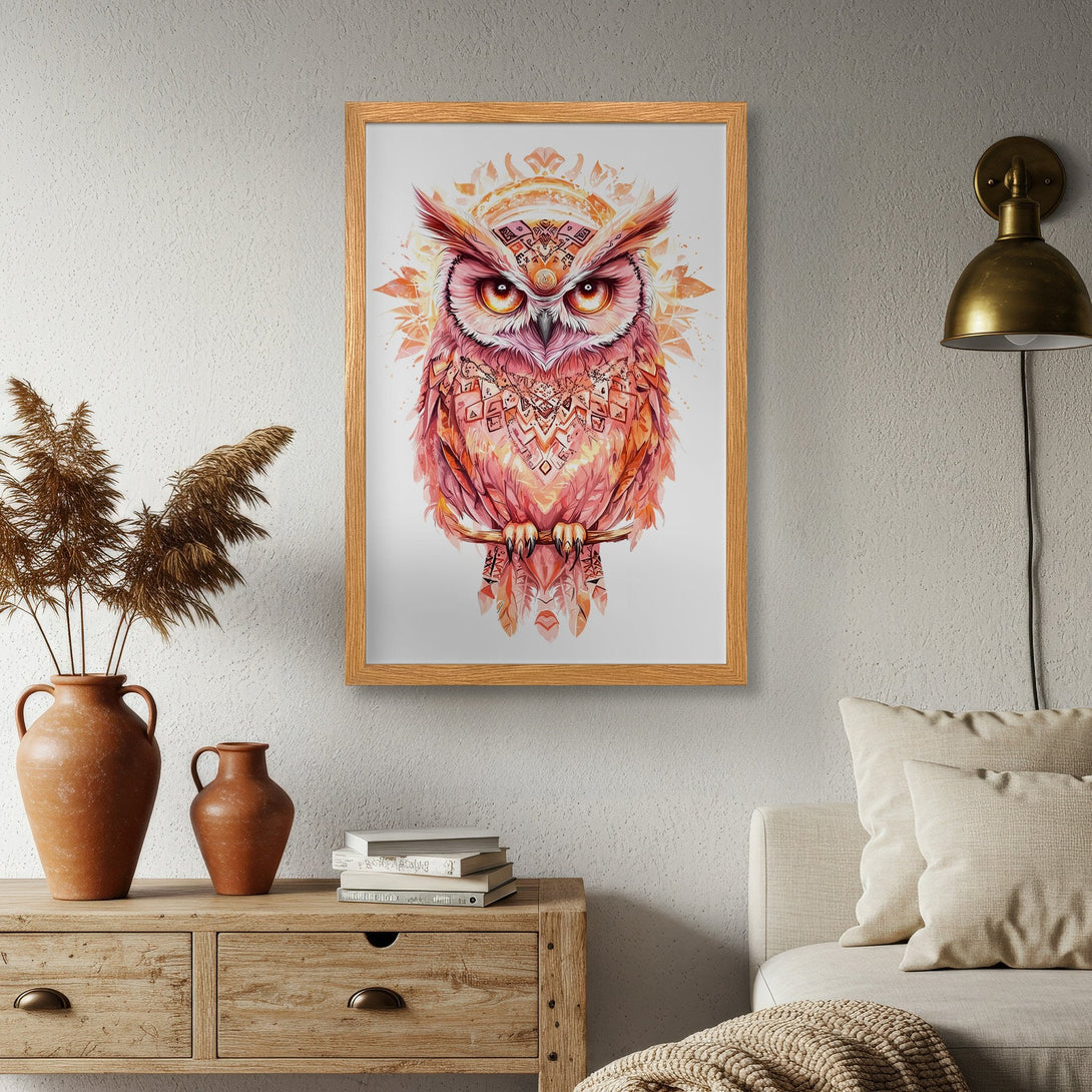 Framed Poster featuring a watercolor owl in pink and orange tones, perfect for adding bohemian style to your home decor.