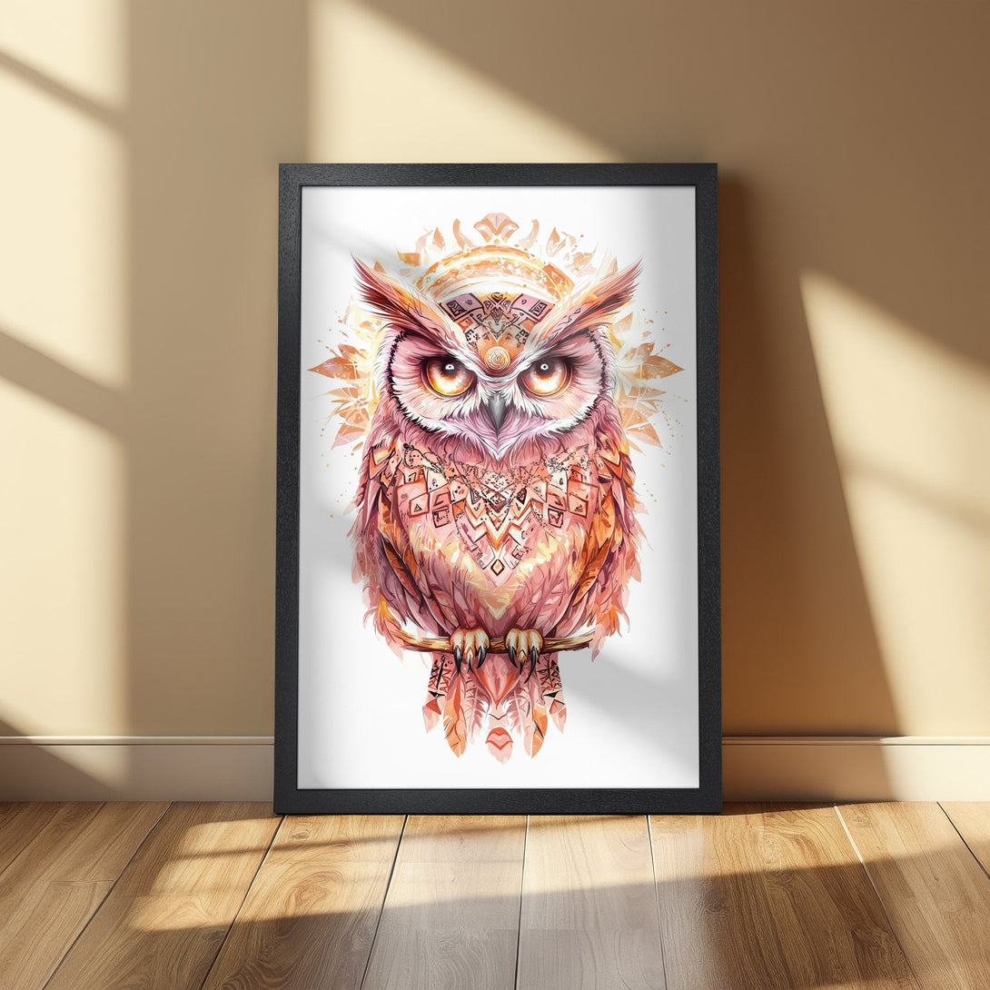 Framed Poster featuring a watercolor owl illustration in a warm, earthy color palette. Perfect for adding bohemian style to your home decor.
