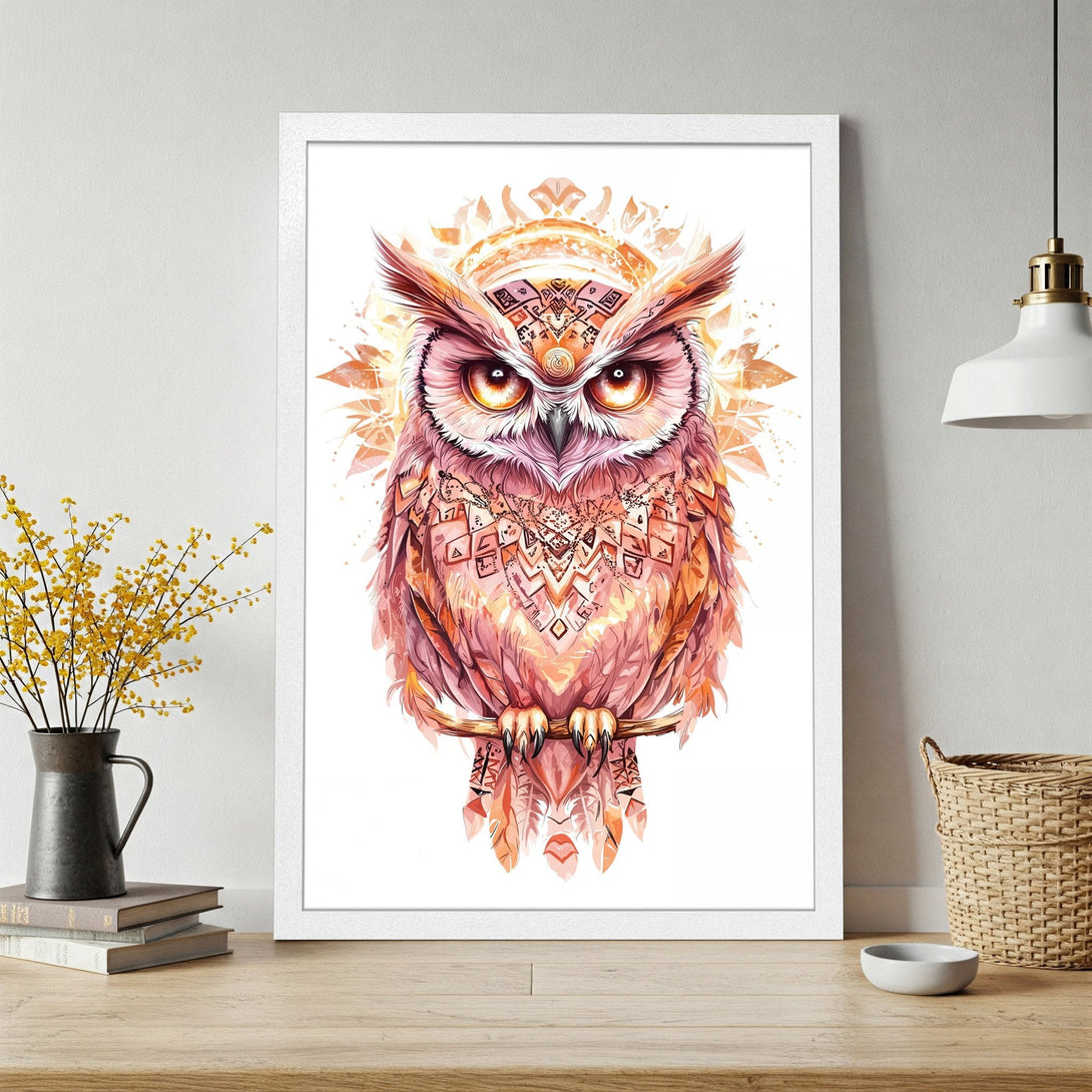 Framed Poster featuring a watercolor owl in a bohemian style with a warm pink and orange color palette. Perfect wall art!