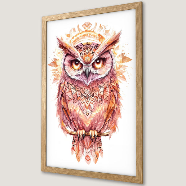Framed Poster featuring a watercolor owl illustration in warm orange and pink tones. Bohemian style art print for home decor.