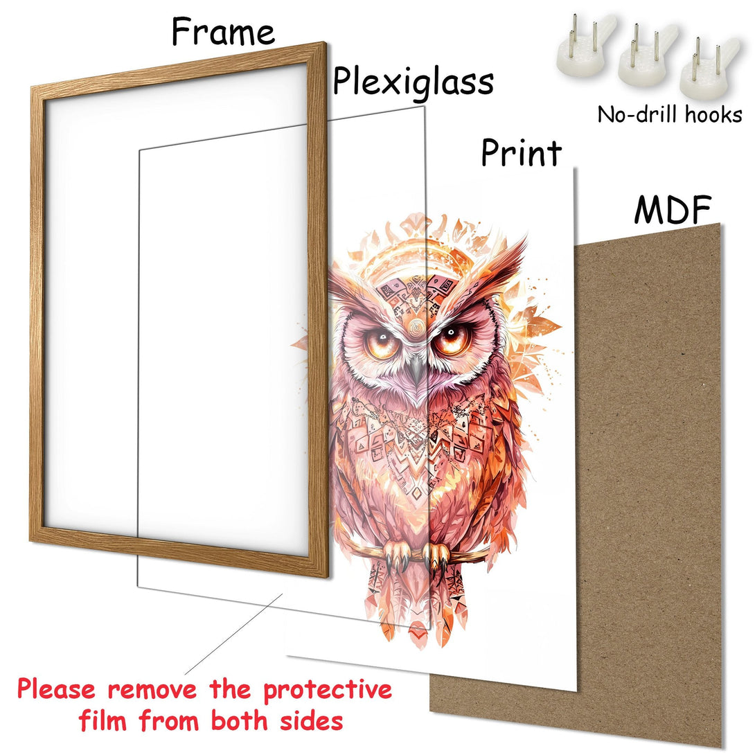 Framed Poster featuring an owl illustration in watercolor style, with warm orange and pink hues. Perfect wall art!