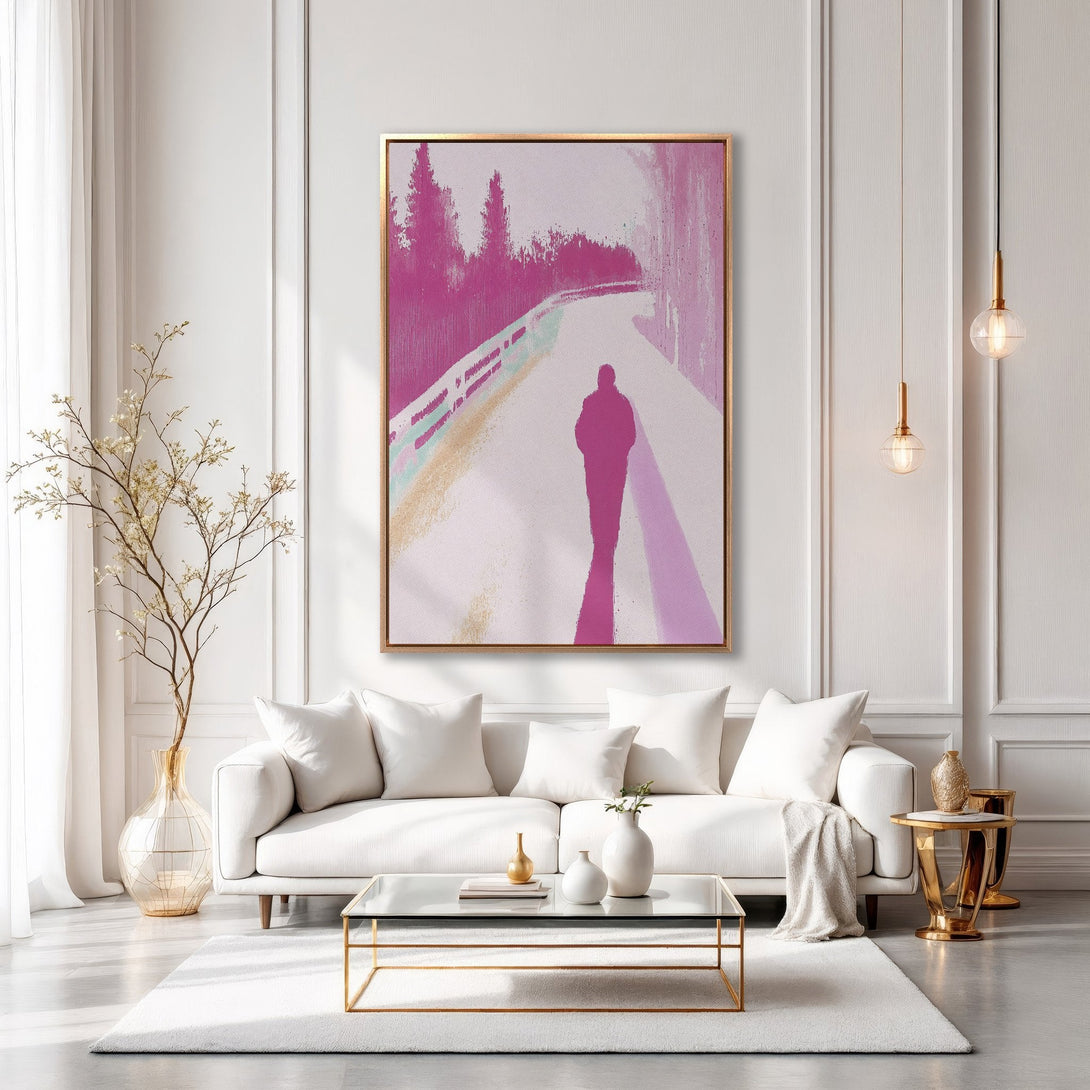 Framed Wall Art: Abstract figure on a road in pink and purple tones. Modern art canvas print adds a pop of color to any interior.