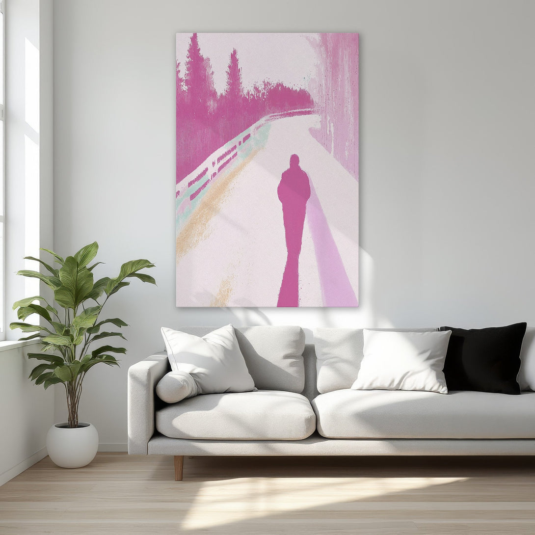 Framed Wall Art featuring an abstract figure on a path, in a modern style with a pink and white color palette. Perfect for home decor!