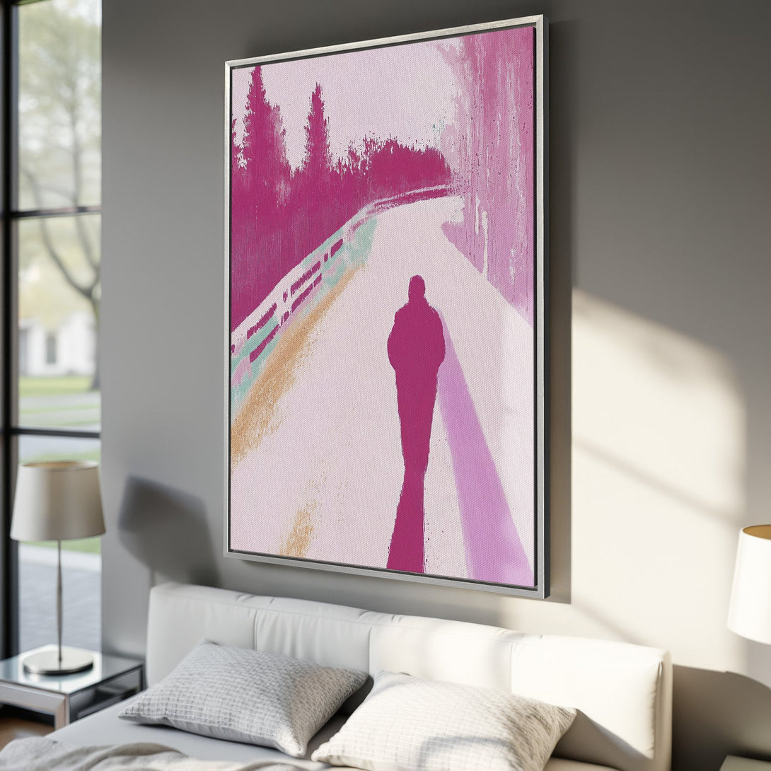 Framed Wall Art: Abstract landscape Canvas Print in pink and purple tones. Modern art style, perfect for bedroom decor.