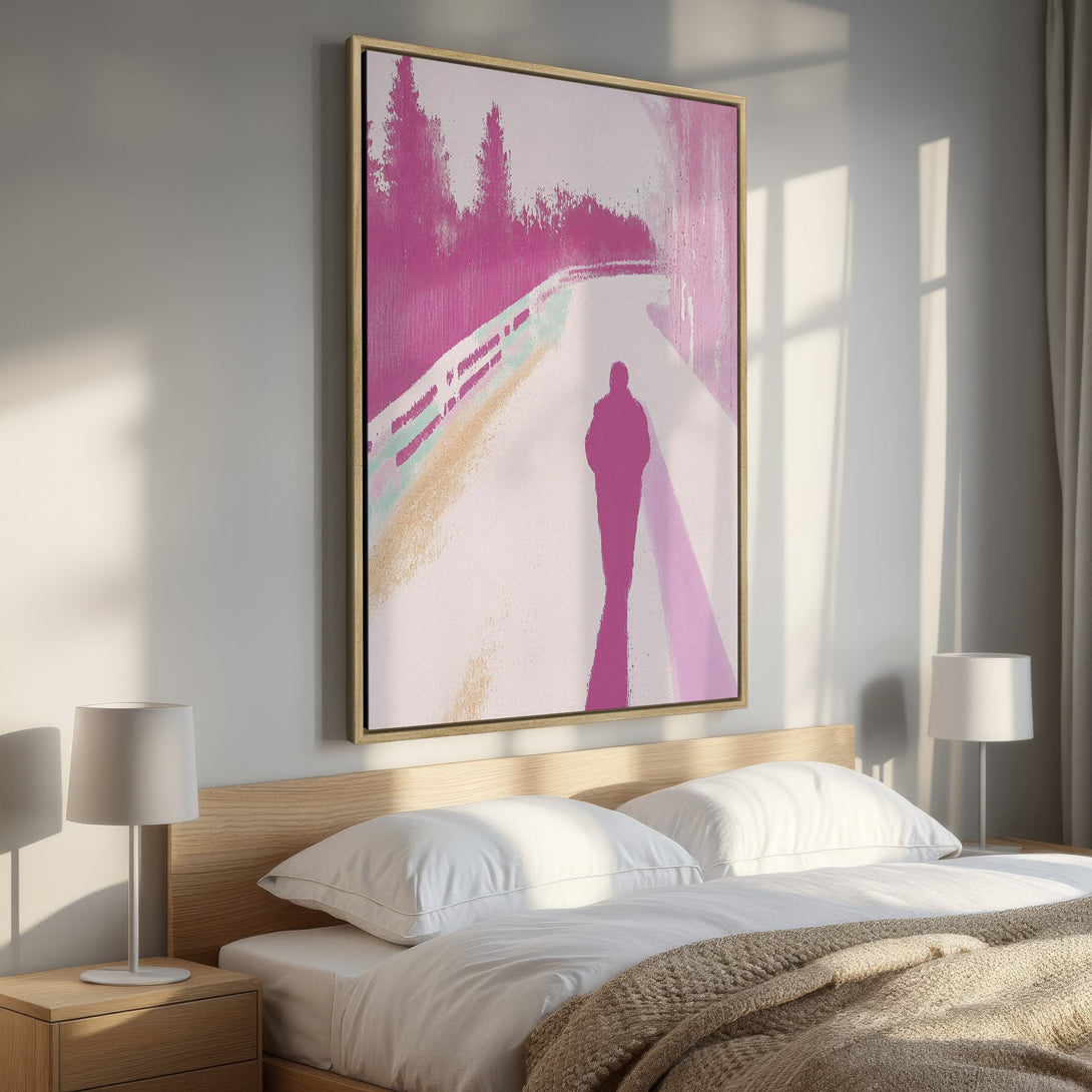 Framed Wall Art: Abstract figure on a path, with pink and gold hues, displayed in a bedroom. Modern art for your home decor.