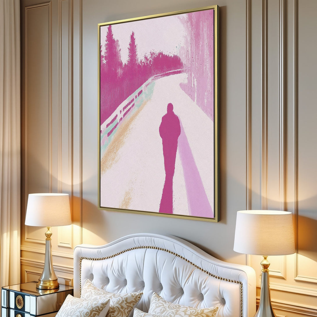 Canvas Print of a person walking on a pink path. Abstract style, minimalist interior design. Modern wall art with a pink and neutral color palette.