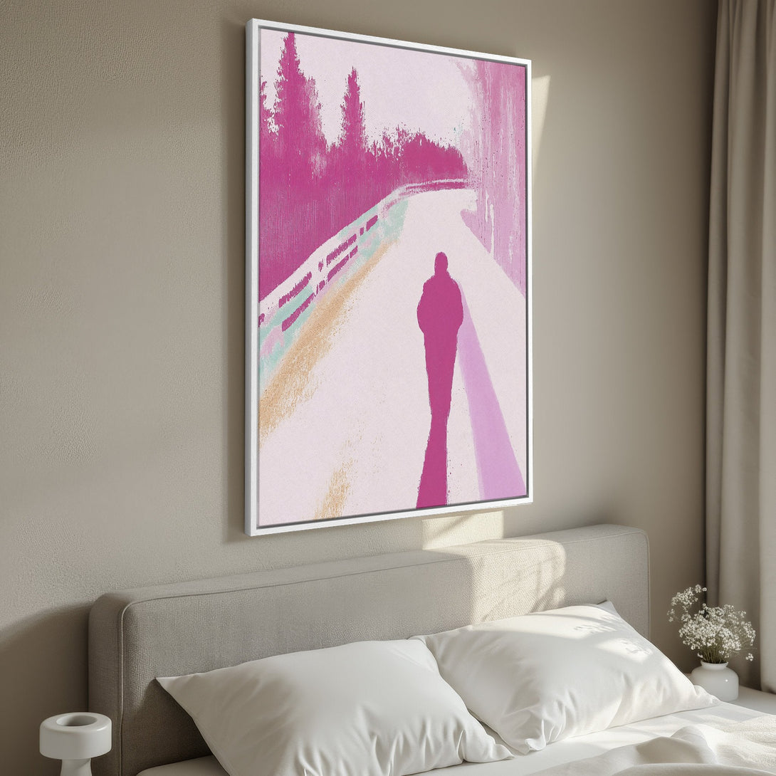 Framed Wall Art featuring a figure on a path, in a modern, abstract style with a pink and neutral color palette. Perfect for bedroom decor!