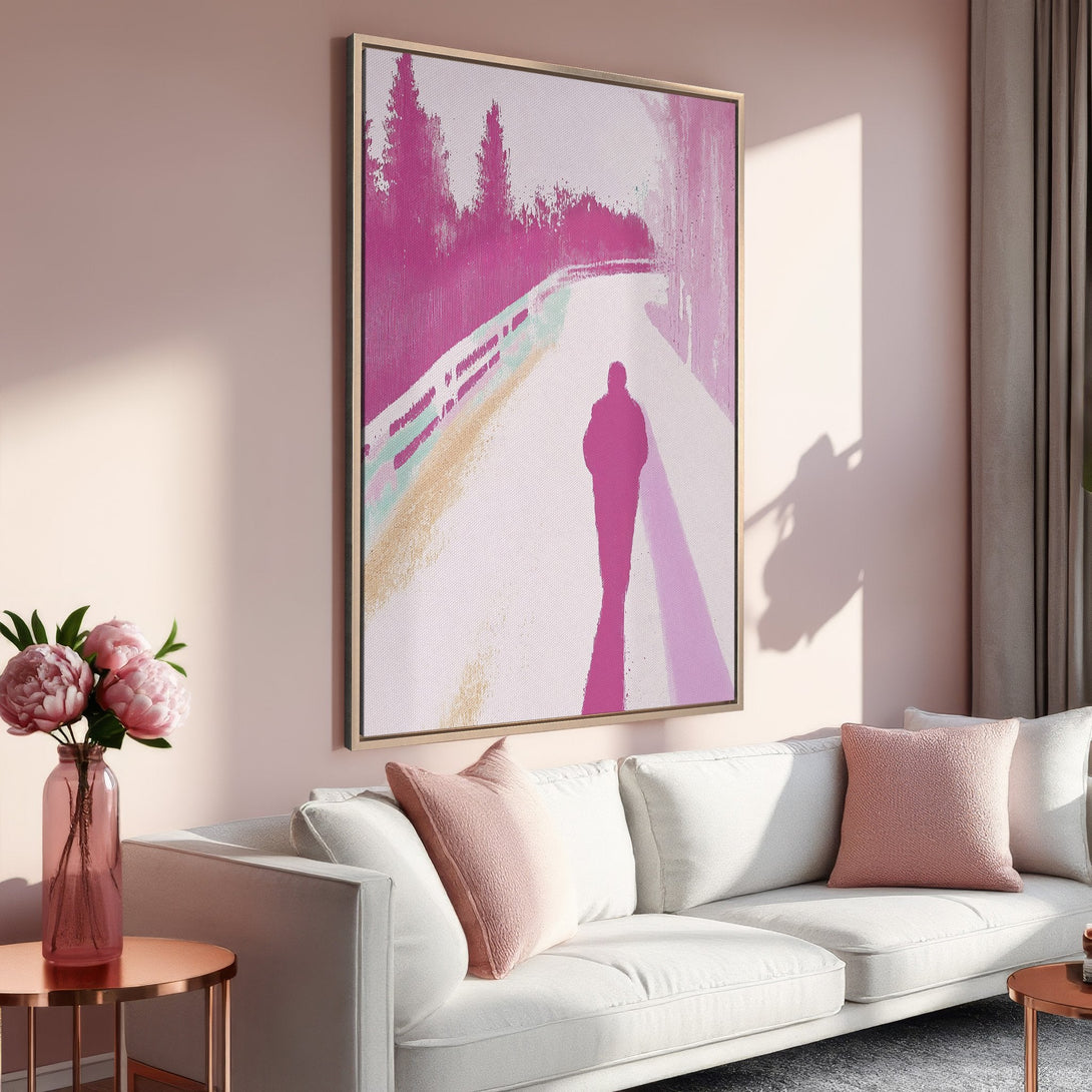 Framed Wall Art featuring an abstract figure walking on a path, in a pink and white color palette. Modern art for your home decor!