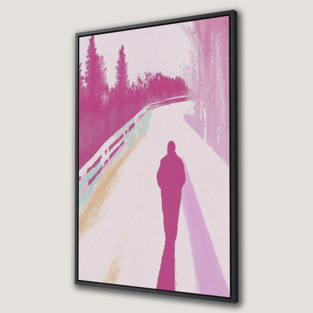 Framed Wall Art featuring an abstract figure on a path, in a minimalist style with a pink and neutral color palette. Perfect for modern decor.