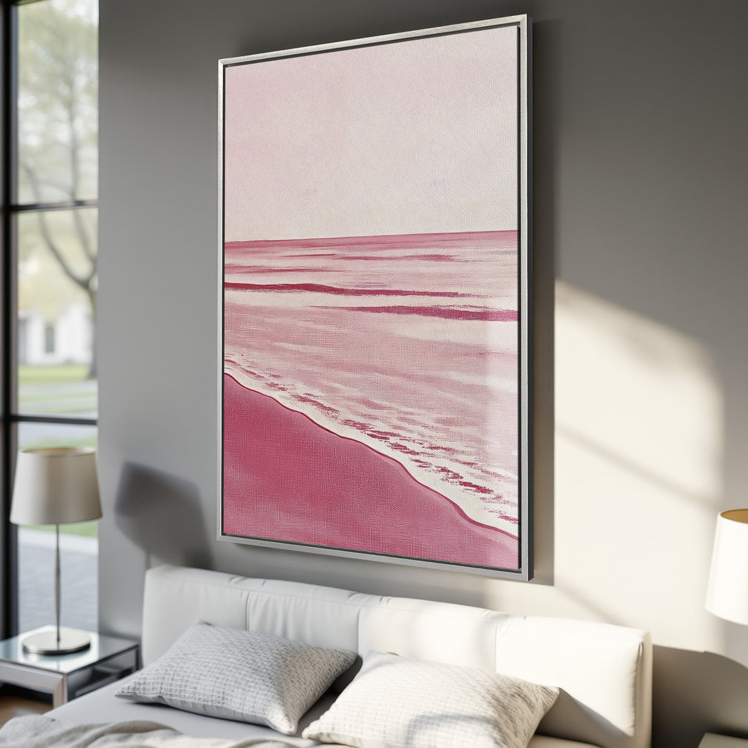 Framed Wall Art: Abstract beach scene canvas print in pink and white. Modern art for bedroom decor. Add a touch of serenity to your space.