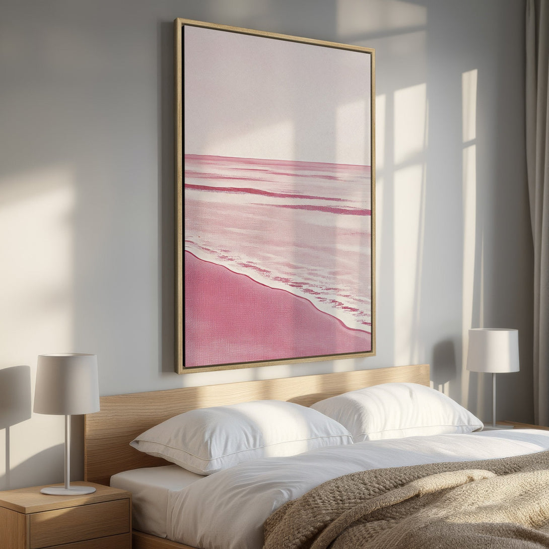 Framed Wall Art: Abstract pink beach scene adds serene style to bedroom decor. Soft, minimalist art with a calming color palette. Shop now!