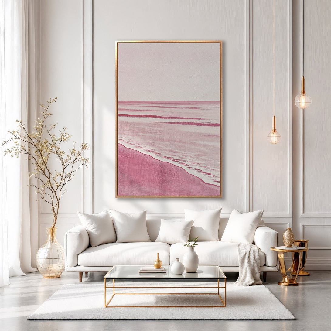Framed Wall Art: Abstract beach scene in pink hues. Modern art for a stylish living room. Elevate your space with this elegant canvas print.