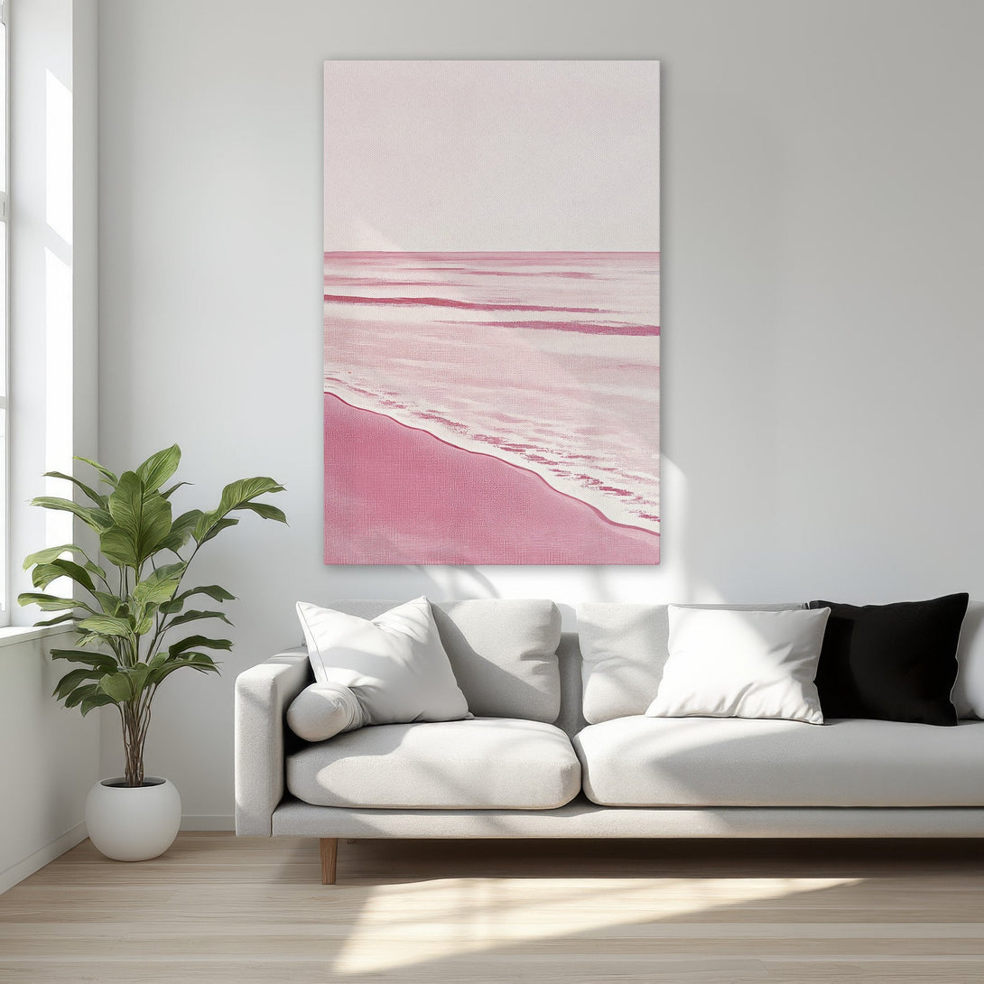 Framed Wall Art: Pink beach scene canvas print. Modern abstract art with a soft pink and white color palette. Perfect for adding a touch of elegance to any room.