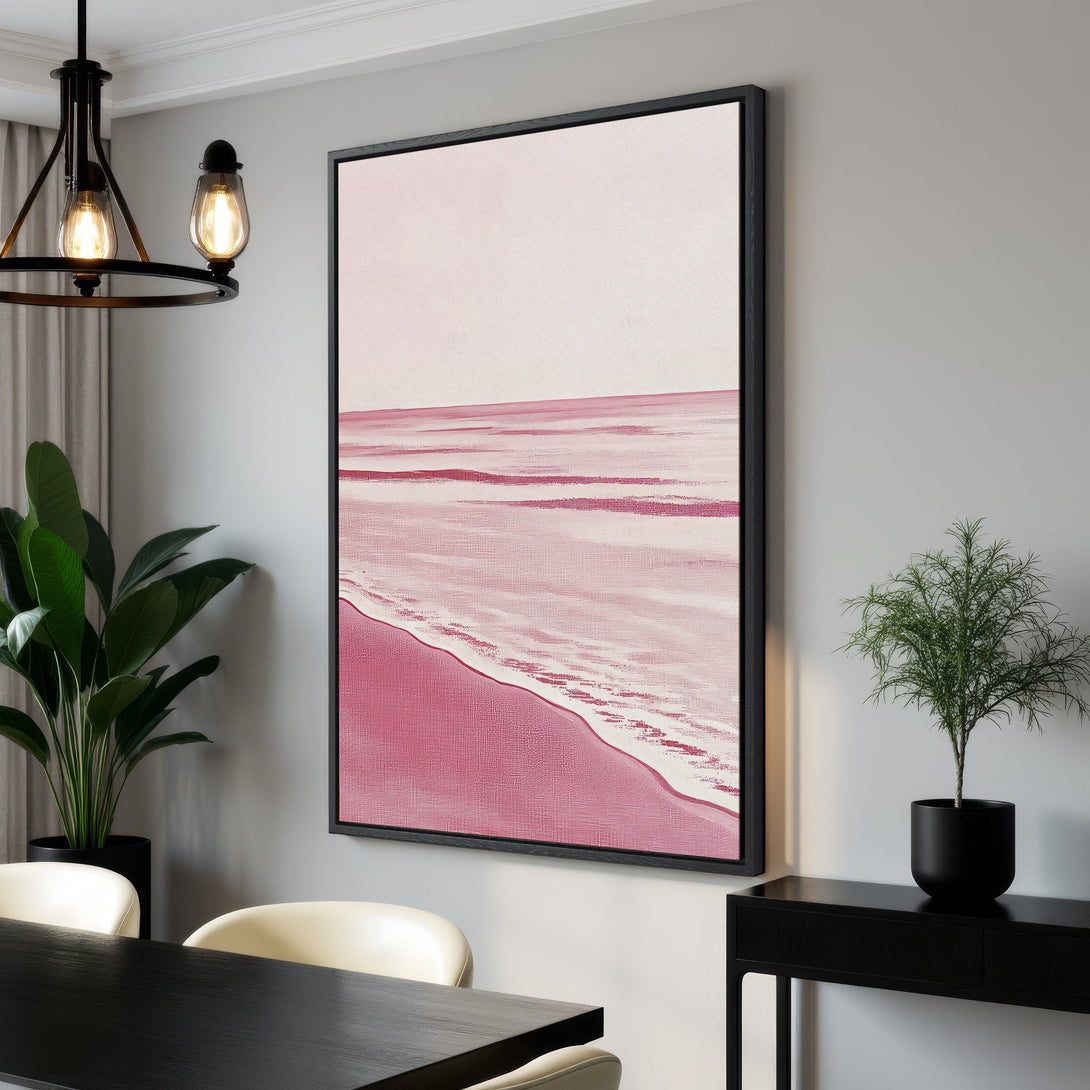 Framed Wall Art: Abstract beach scene in pink hues. Modern canvas print adds a touch of serenity to any space. Shop now for stylish wall decor!