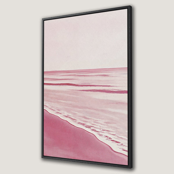 Framed Wall Art featuring a minimalist abstract beach scene in a soft pink color palette. Perfect for adding a touch of serenity to any space.