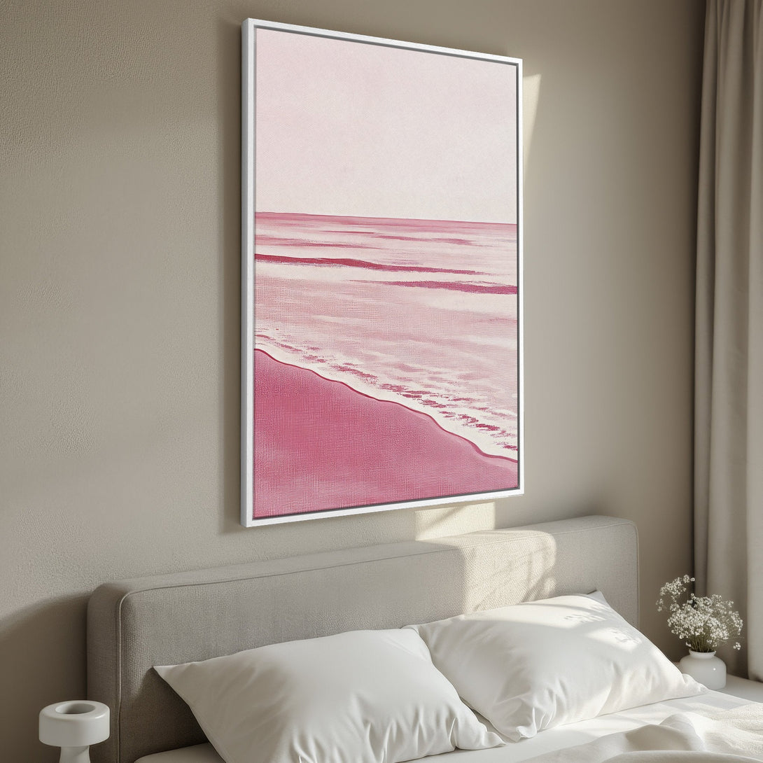 Framed Wall Art: Abstract beach art in pink tones. Modern canvas print adds a touch of serenity to any bedroom. Shop now for calming wall decor!