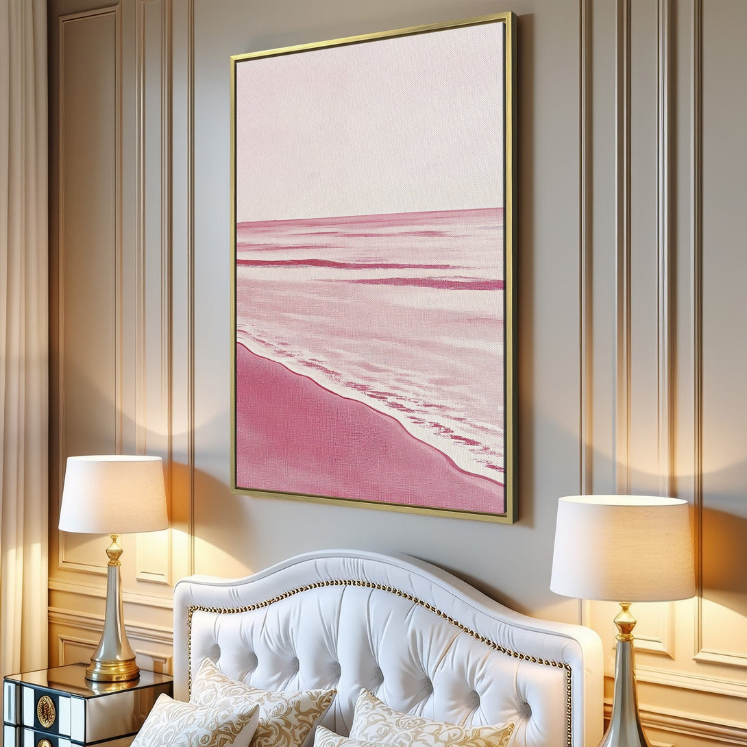 Canvas Print featuring a minimalist beach scene in soft pink hues. Perfect for adding a touch of serenity to your living room decor.
