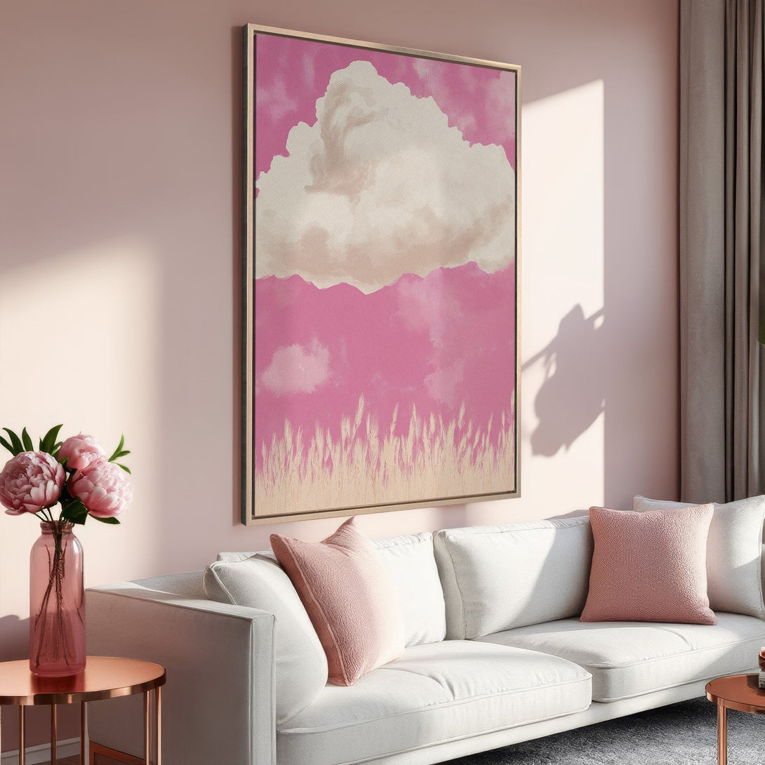 Framed Wall Art: Abstract cloudscape in pink tones. Modern, minimalist style canvas print adds a pop of color to any space. Shop now for home decor!