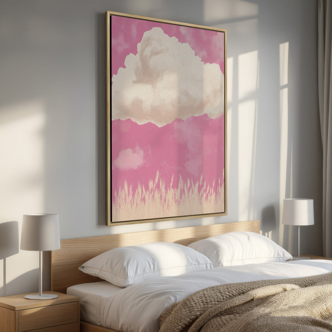 Framed Wall Art featuring a dreamy cloudscape in pink and beige tones. Perfect for adding a touch of serenity to your bedroom decor.