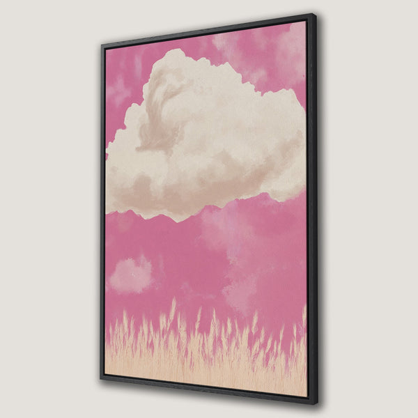 Framed Wall Art featuring a dreamy cloudscape in pink and beige tones. Modern canvas print perfect for adding a touch of serenity to your space.
