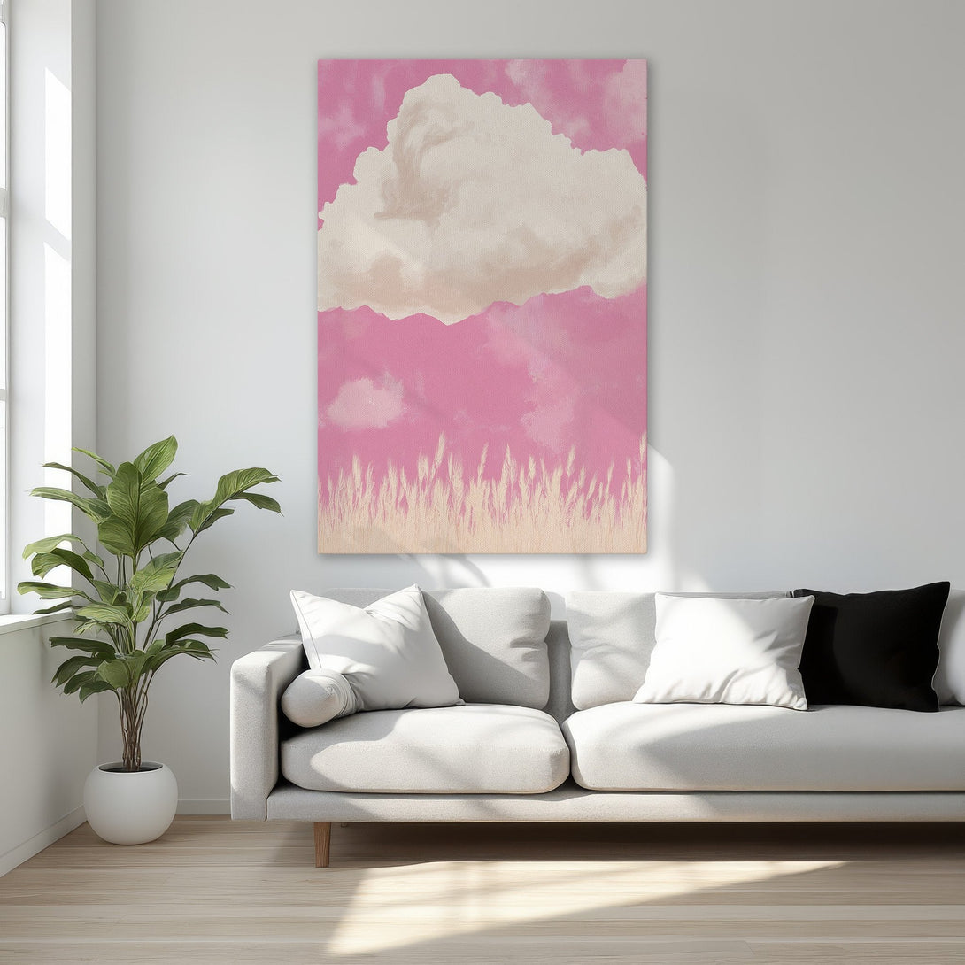 Framed Wall Art: Pink cloudscape canvas print in a bedroom. Modern art with a warm color palette, perfect for adding a touch of serenity to your space.