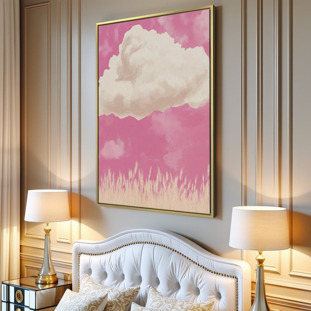 Canvas Print featuring a dreamy cloudscape in soft pink and beige tones. Modern wall art to brighten any space.