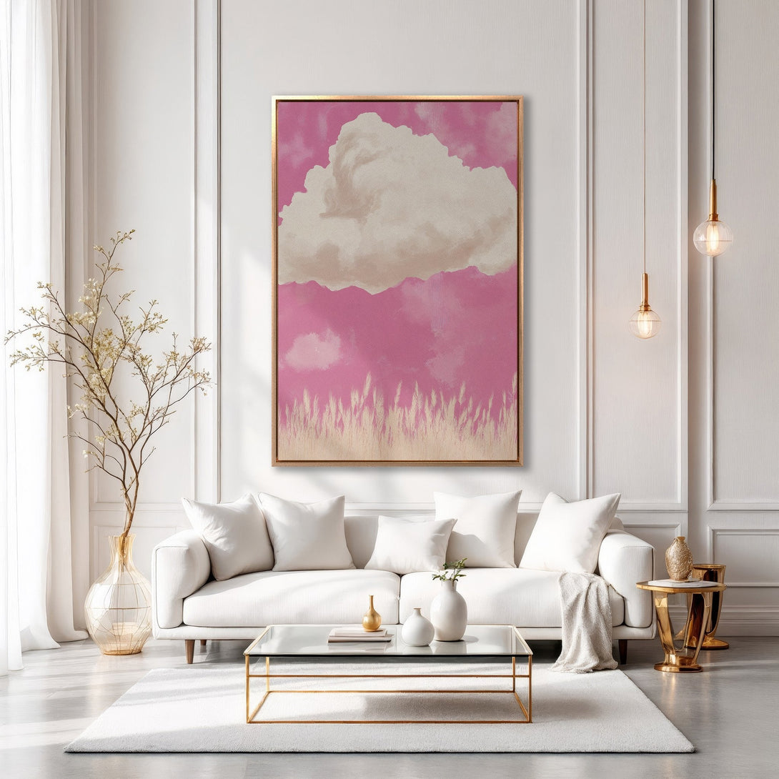Framed Wall Art: Pink sky and cloud canvas print in a modern interior. Soft, pastel color palette adds a touch of elegance to any space. Shop now!
