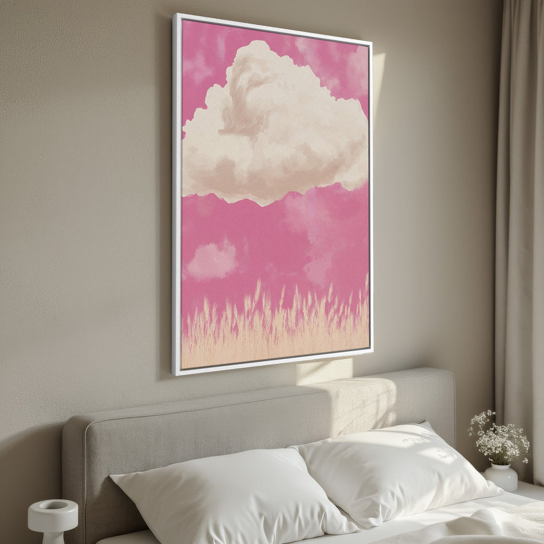 Framed Wall Art: Abstract cloudscape in pink and beige tones. Modern art print for bedroom or living room decor. Add a touch of serenity to your space!