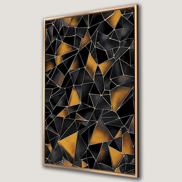 Framed Wall Art featuring an abstract geometric design in black and gold. Modern art canvas print perfect for a stylish home decor upgrade.