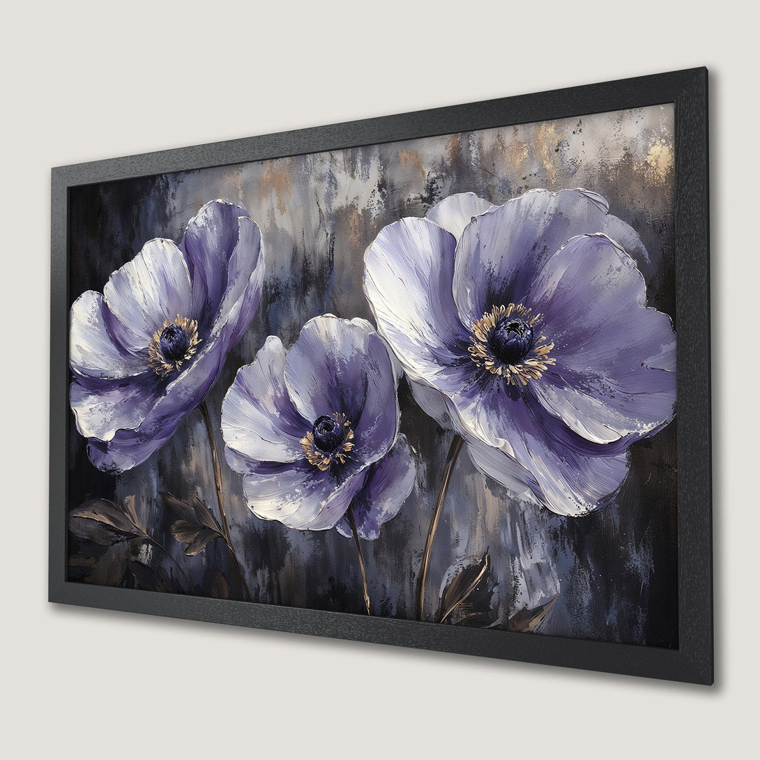 Framed Poster: Purple flower art print in a dark, textured style. Beautiful floral decor with a neutral color palette.