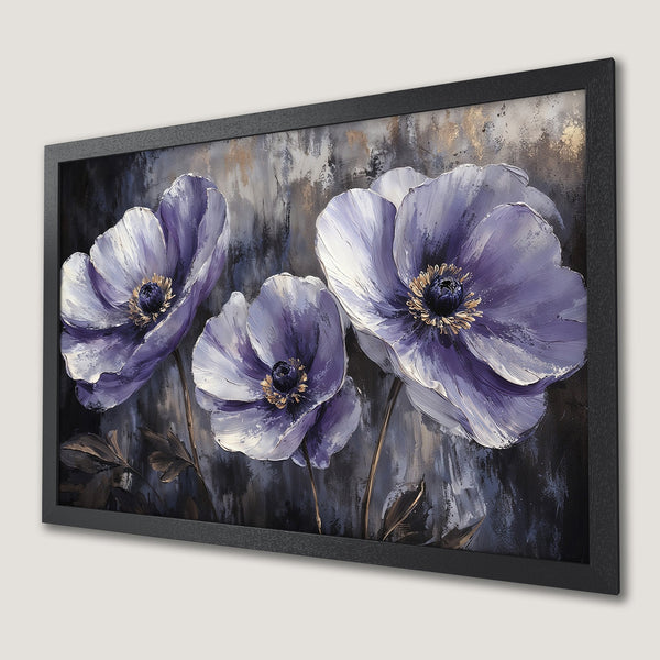 Framed Poster: Purple flower art print in a dark, textured style. Beautiful floral decor with a neutral color palette.
