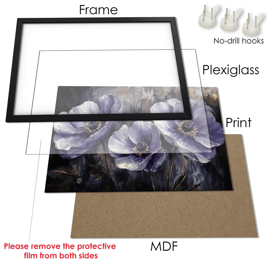 Framed Poster featuring elegant floral art in a moody, painterly style with a cool, purple and gray palette. Perfect wall decor!