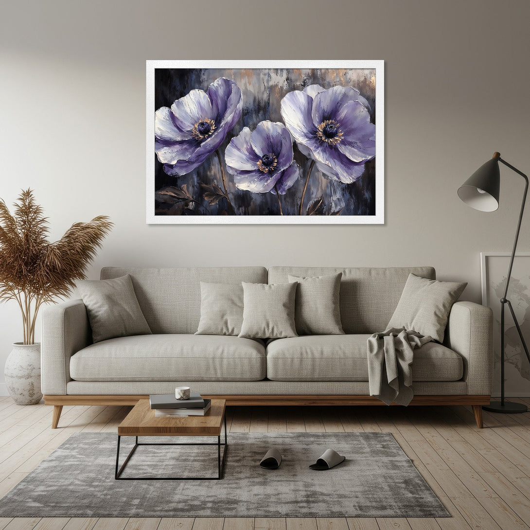 Framed Poster of purple floral art, impressionist style, with a neutral color palette. Perfect wall decor for your home!
