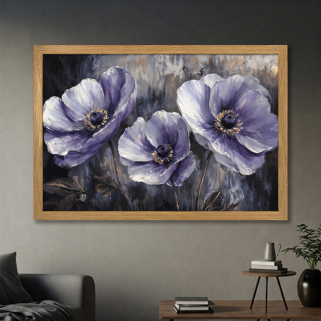 Framed Poster featuring a floral painting of purple anemones. Artistic style with a dark, cool color palette. Perfect wall art!