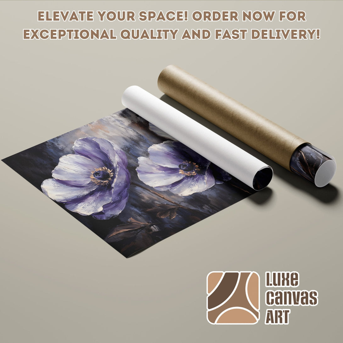 Poster Roll featuring a floral painting in a dark, moody style with purple and blue hues.
