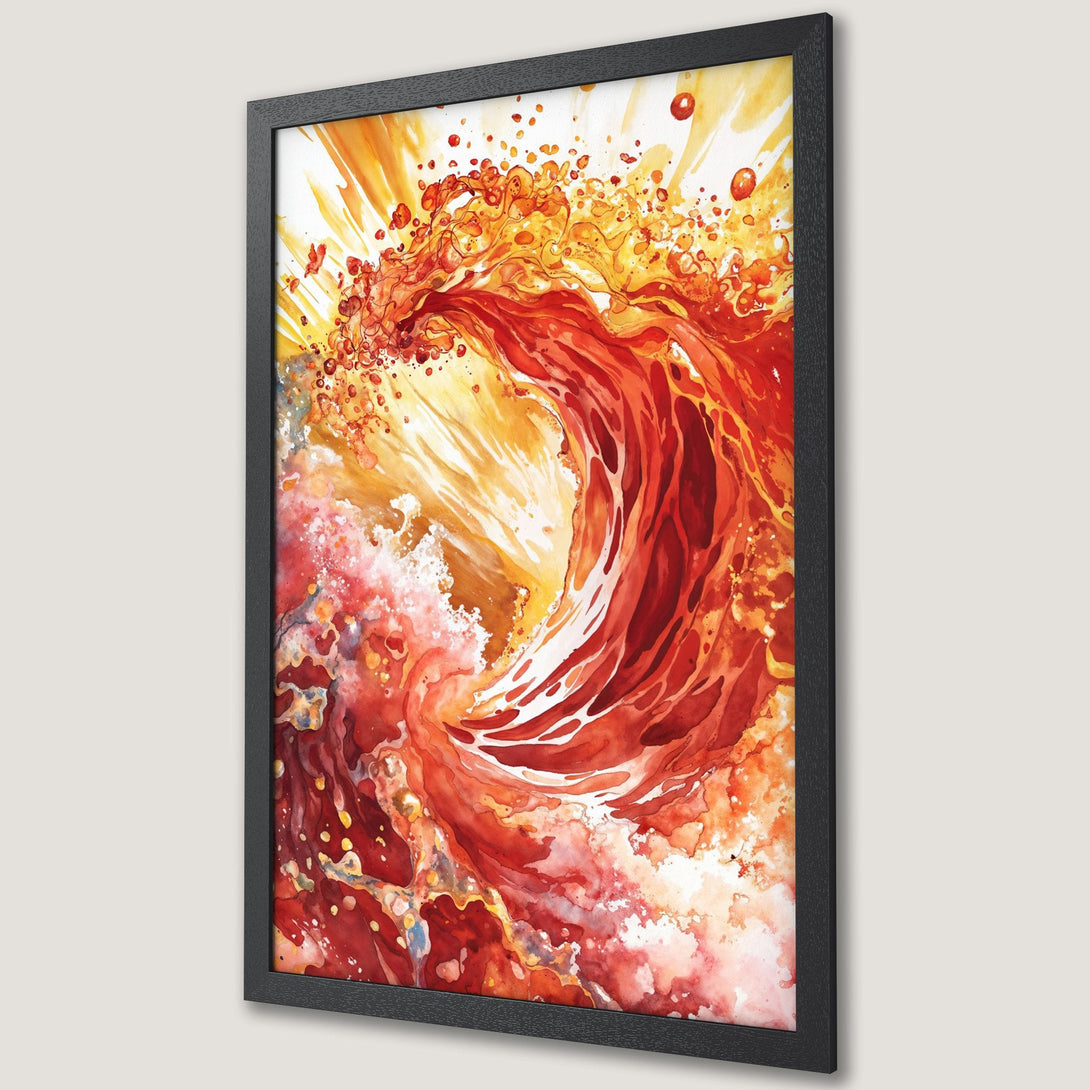Framed Poster featuring an abstract watercolor design in fiery red and orange tones. Perfect wall art!