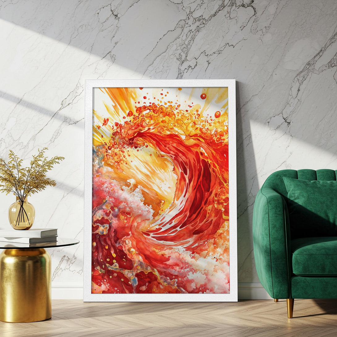 Framed Poster featuring an abstract watercolor design with vibrant red and orange hues. Perfect wall art for modern decor.