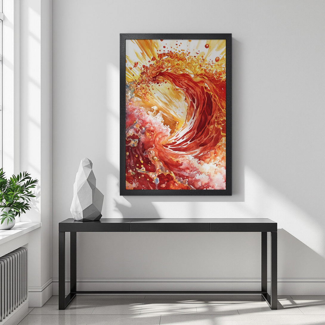 Framed Poster featuring abstract wave art in vibrant red and yellow hues. Perfect wall decor to add a splash of color and style to any room.