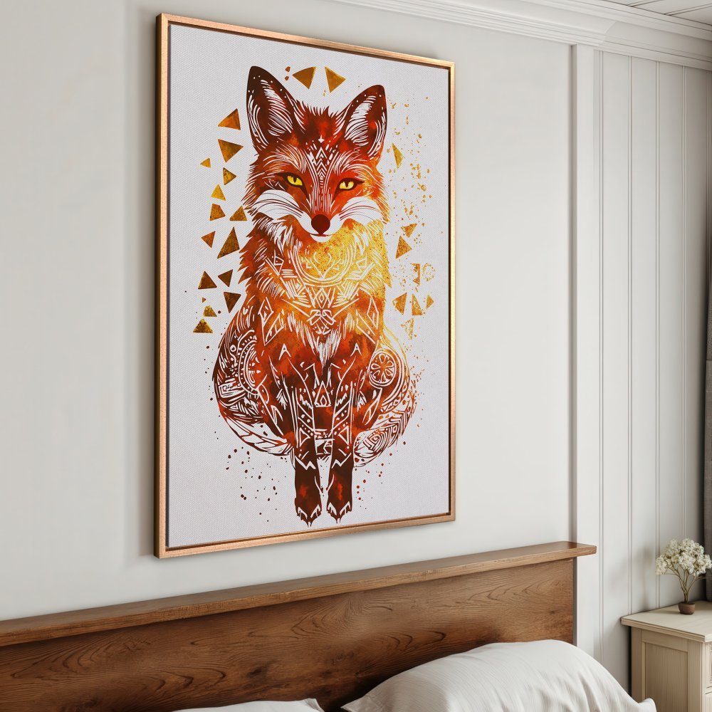 Framed Wall Art: Watercolor fox print in warm orange and gold tones. Modern boho style canvas print for bedroom decor.