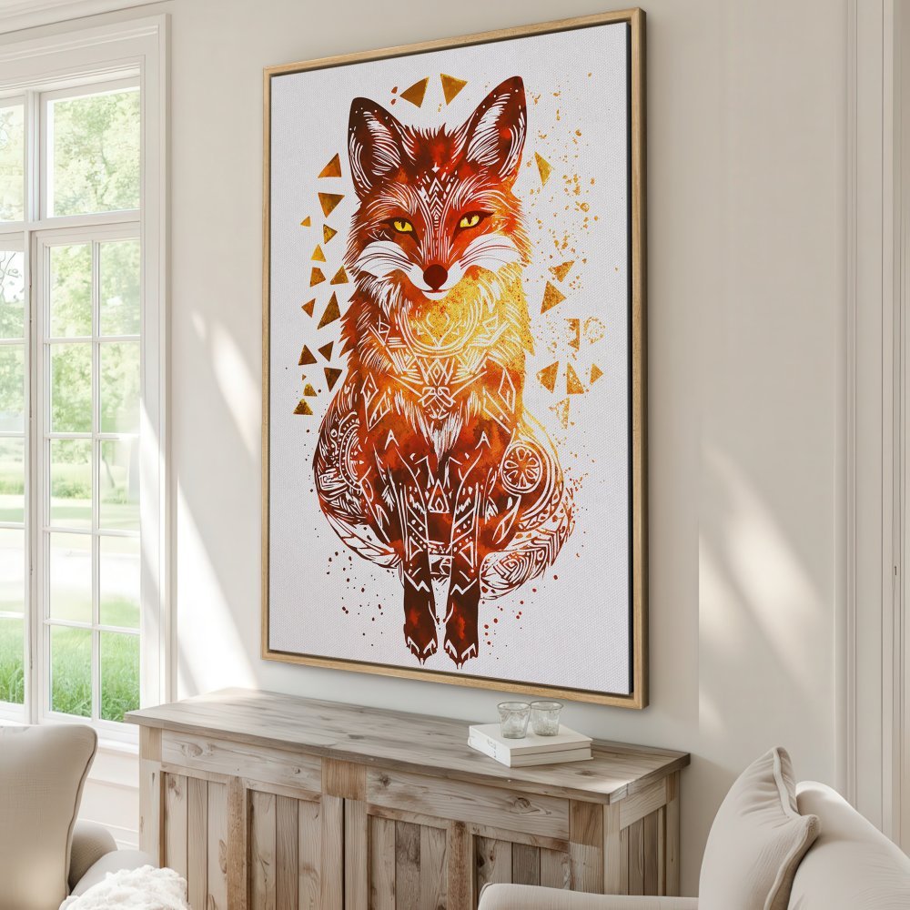 Framed Wall Art: Watercolor fox print in warm orange and yellow tones. Boho style canvas art for living room decor.