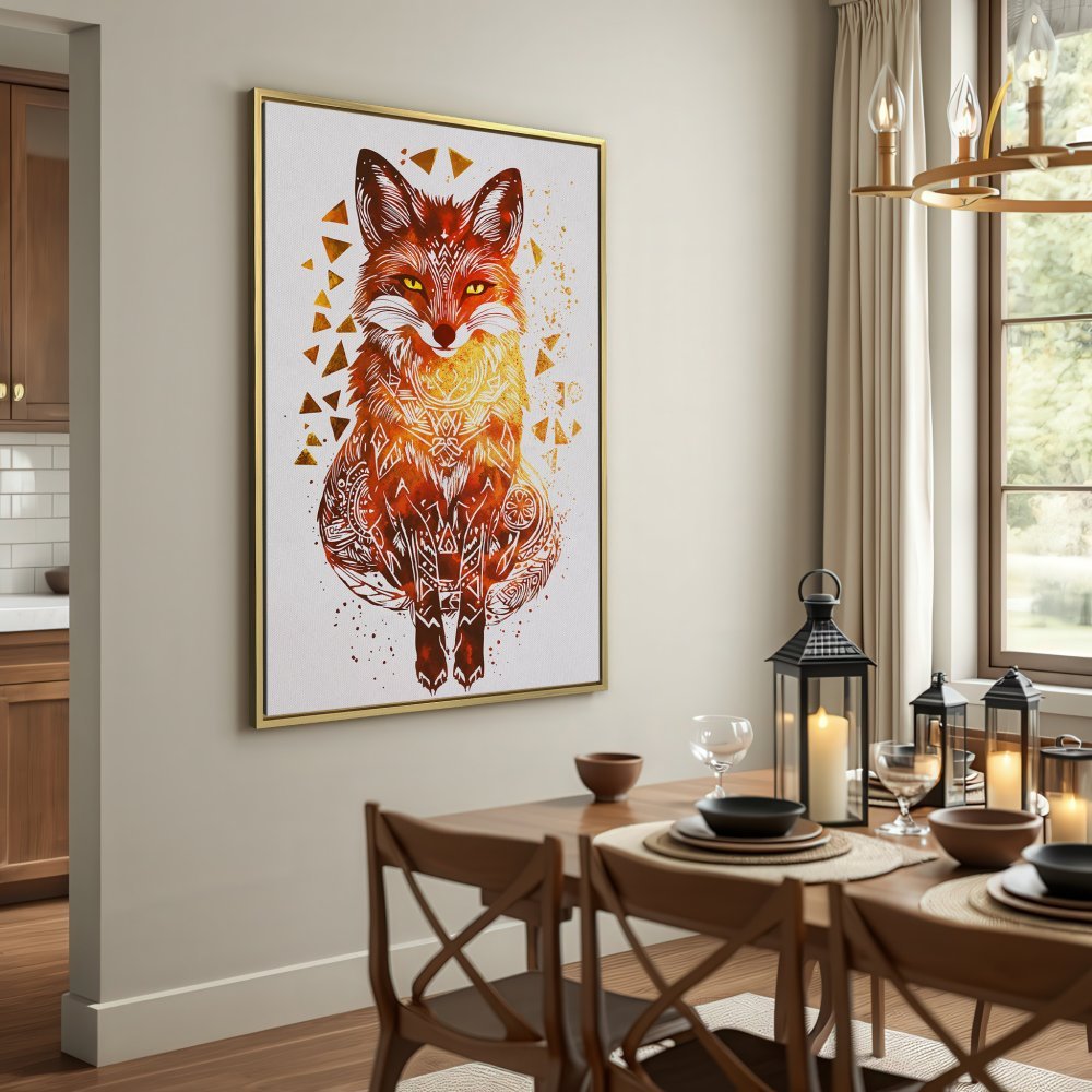 Canvas Print featuring a stylized fox in warm orange and brown tones. Boho-inspired wall art for your home decor.